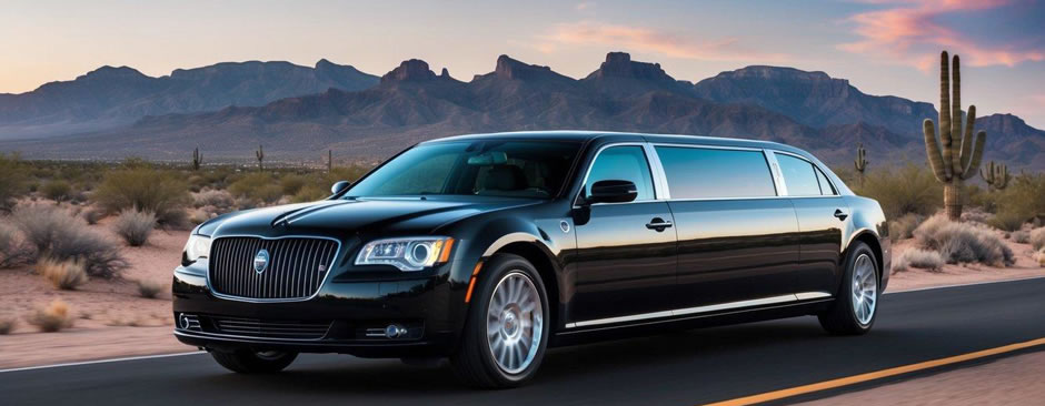 A sleek, black limousine glides through the stunning desert landscape of Paradise Valley, Arizona, with majestic mountains in the background